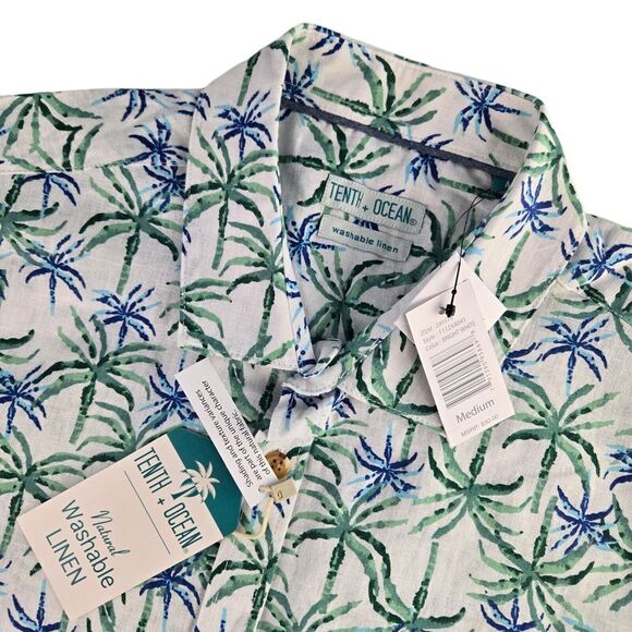 Tenth + Ocean F112X4041 Mens Medium White Palm Tree‎ S/S Washable Linen Shirt - Picture 1 of 6